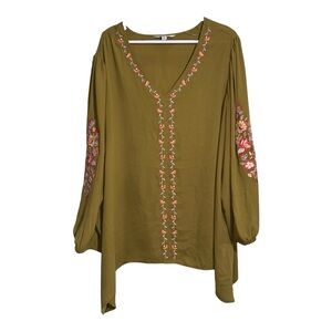 PIONEER WOMAN‎ Green Sheer Embroidered Blouse 2X Boho Flowy Floral